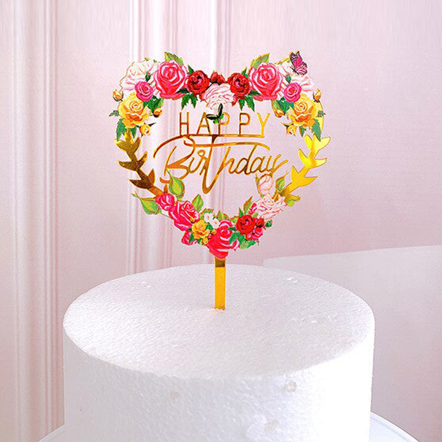 Cake topper en bois personnalisé couronne de fleurs - Happy Birthday